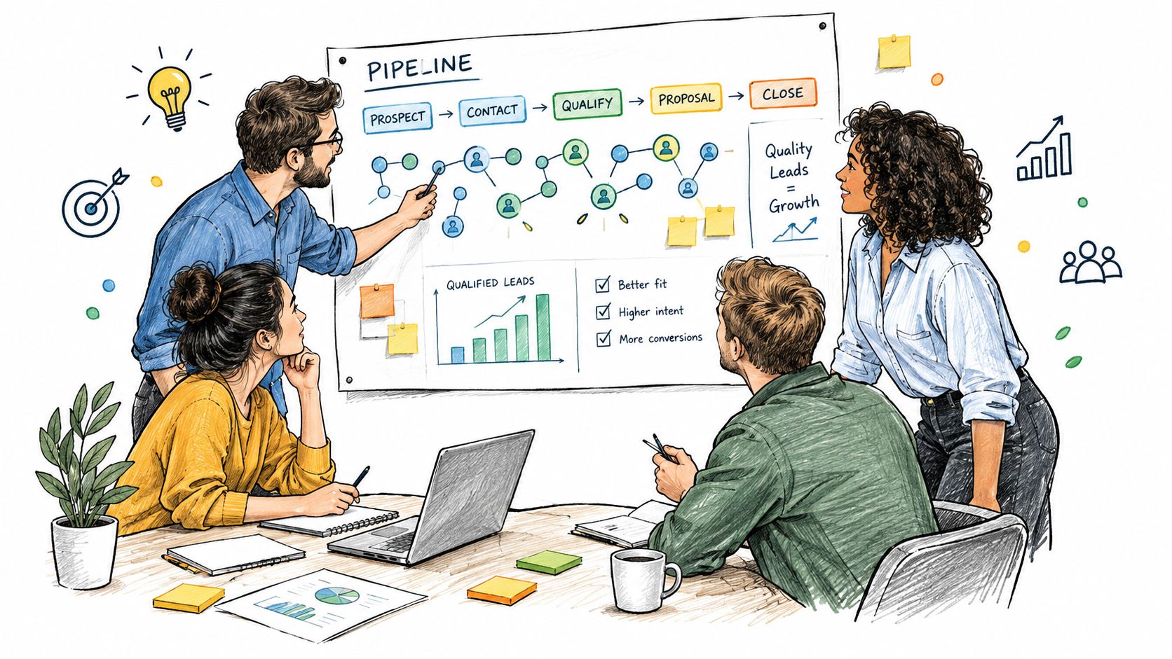 A professional team collaborating on a sales pipeline strategy during a business meeting in an office setting.