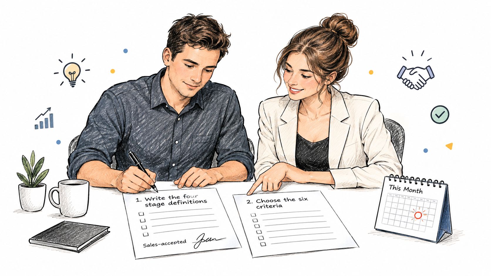 A professional man and woman collaborating on a document about sales stages and lead qualification criteria.
