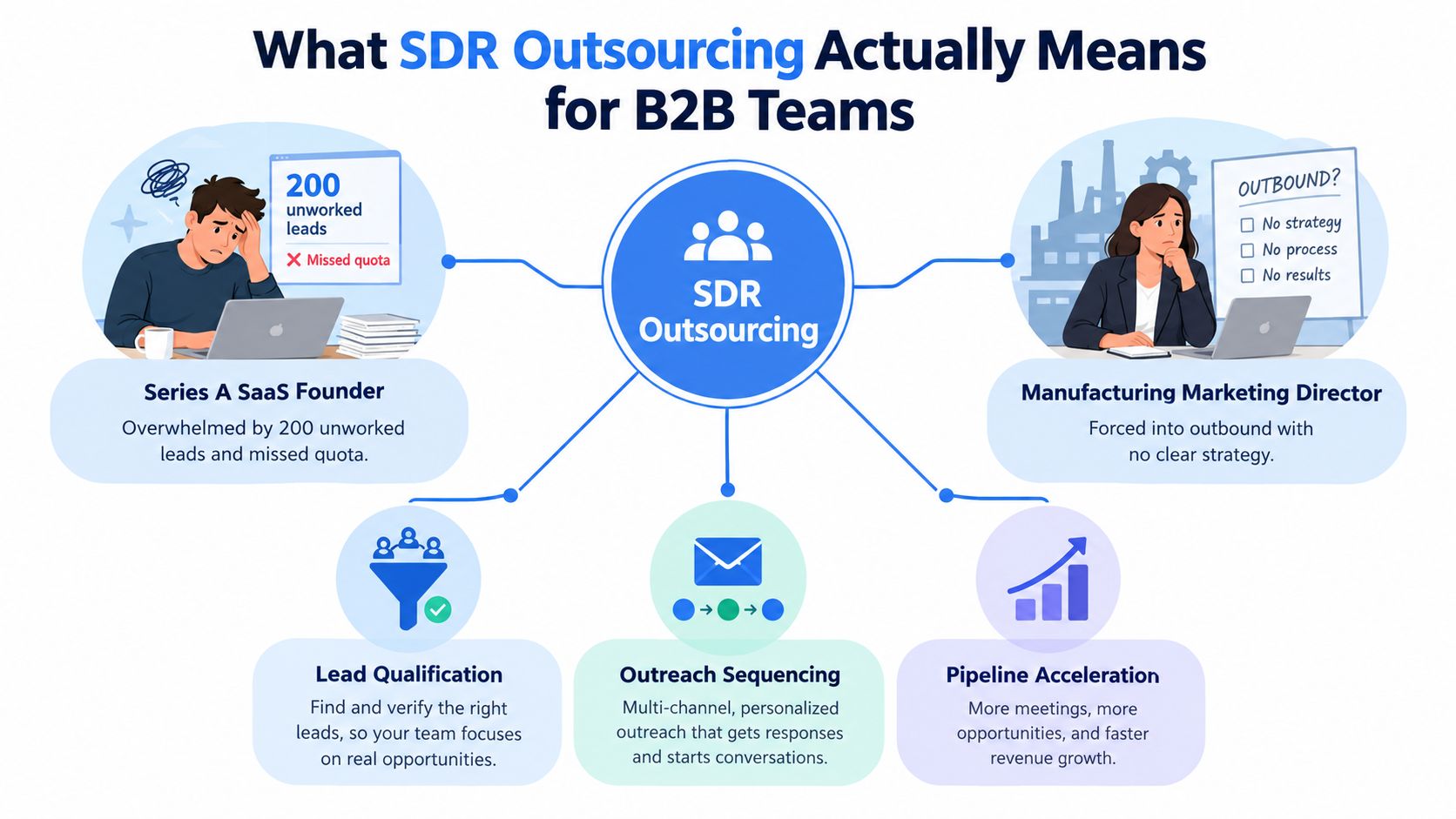 A diagram illustrating how SDR outsourcing helps B2B teams solve lead, strategy, and pipeline acceleration challenges.