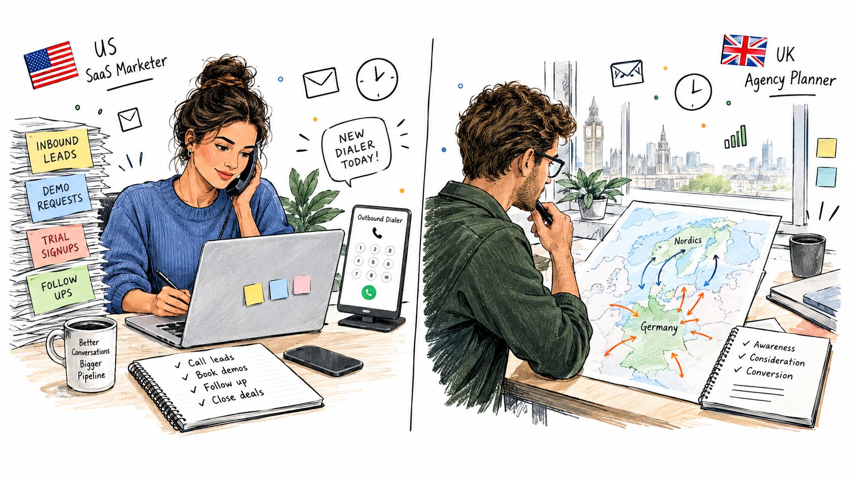 A split illustration showing a US SaaS marketer managing leads versus a UK agency planner mapping marketing campaigns.